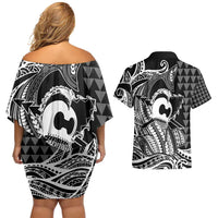 Koa Ikaika Warrior Helmet with Shark Couples Matching Off Shoulder Short Dress and Hawaiian Shirt Black Kakau Style LT9 - Polynesian Pride