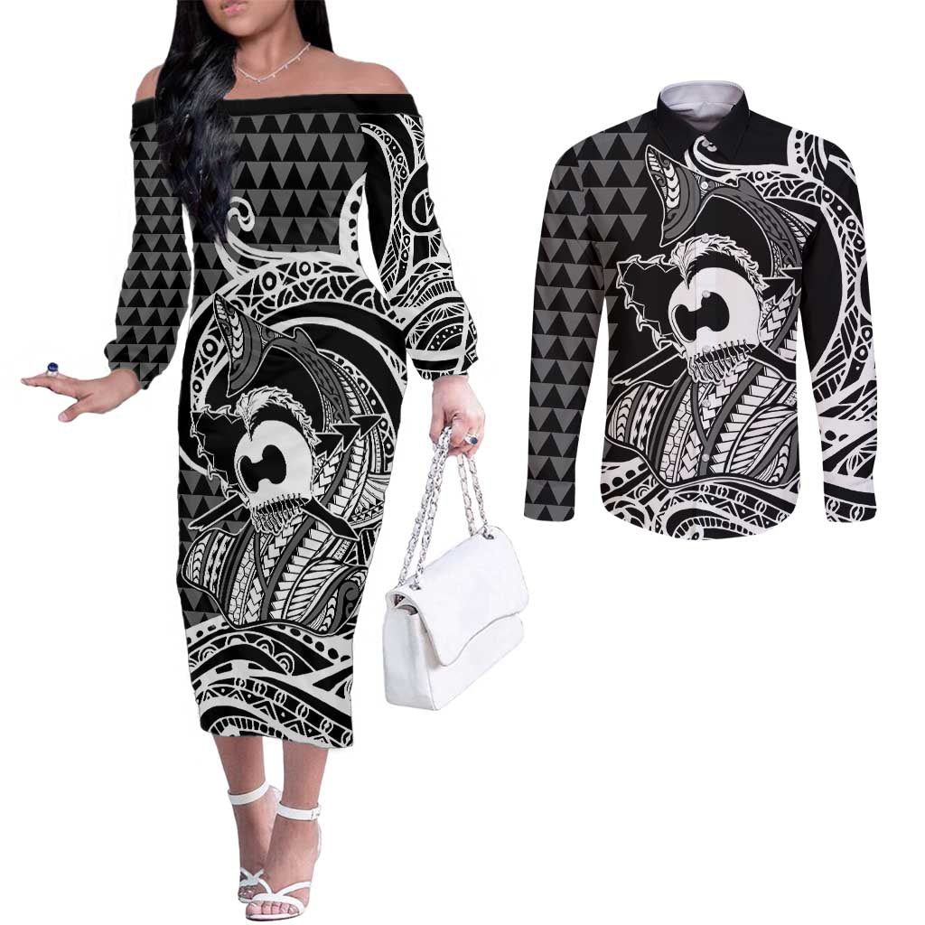 Koa Ikaika Warrior Helmet with Shark Couples Matching Off The Shoulder Long Sleeve Dress and Long Sleeve Button Shirt Black Kakau Style