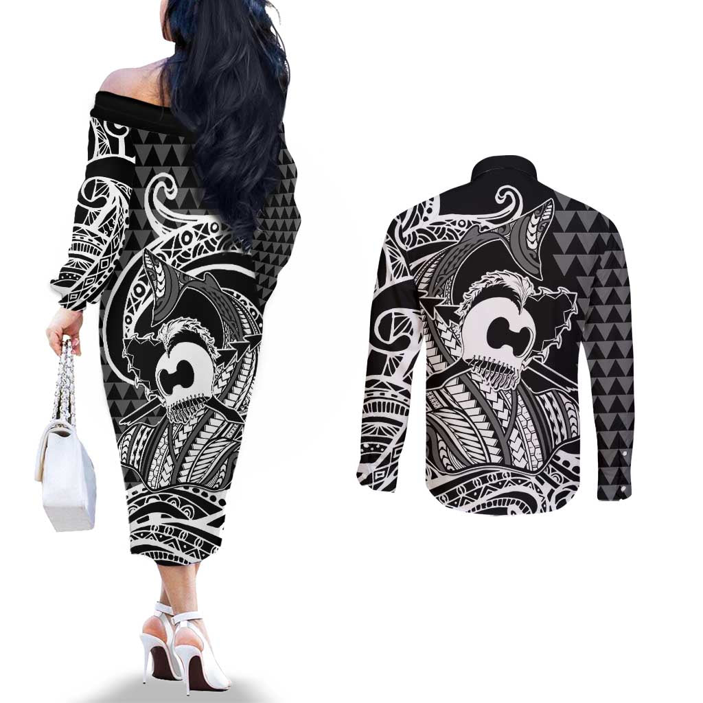 Koa Ikaika Warrior Helmet with Shark Couples Matching Off The Shoulder Long Sleeve Dress and Long Sleeve Button Shirt Black Kakau Style