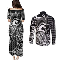 Koa Ikaika Warrior Helmet with Shark Couples Matching Puletasi and Long Sleeve Button Shirt Black Kakau Style