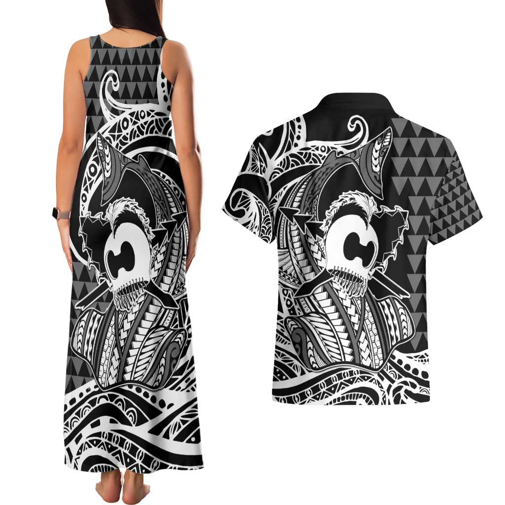 Koa Ikaika Warrior Helmet with Shark Couples Matching Tank Maxi Dress and Hawaiian Shirt Black Kakau Style LT9 - Polynesian Pride