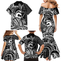 Koa Ikaika Warrior Helmet with Shark Family Matching Mermaid Dress and Hawaiian Shirt Black Kakau Style