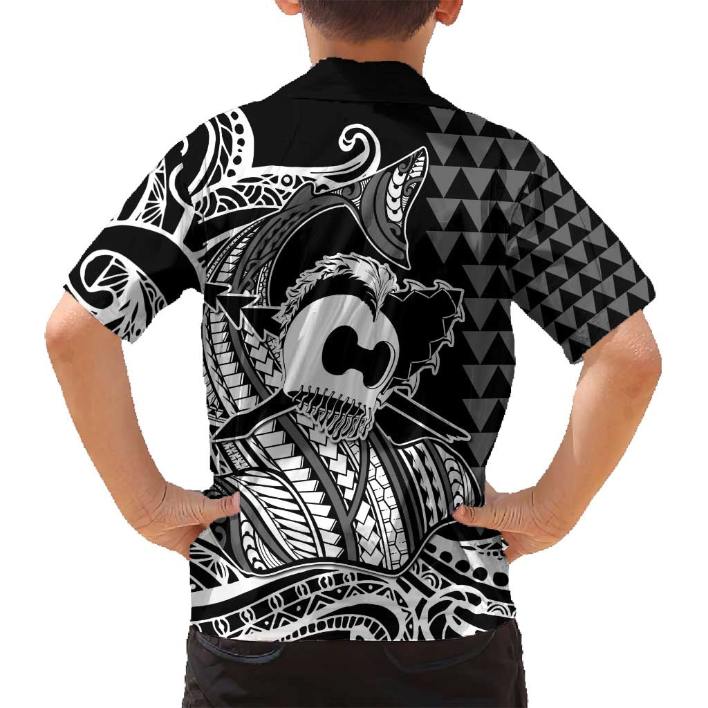 Koa Ikaika Warrior Helmet with Shark Family Matching Off Shoulder Maxi Dress and Hawaiian Shirt Black Kakau Style