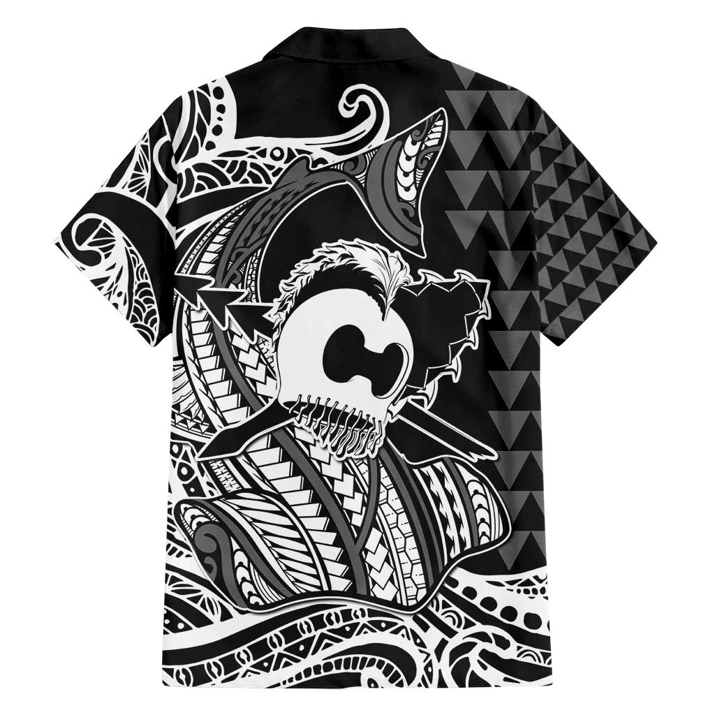 Koa Ikaika Warrior Helmet with Shark Family Matching Off Shoulder Short Dress and Hawaiian Shirt Black Kakau Style