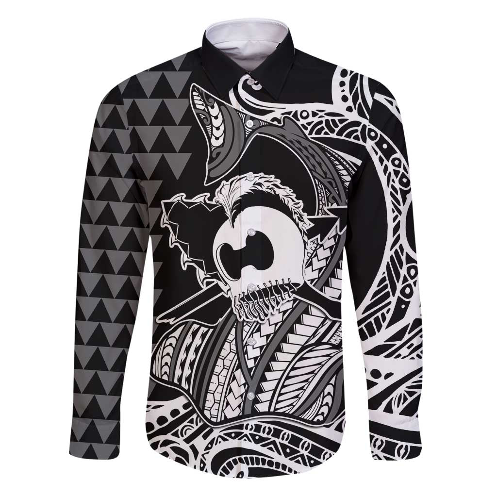 Koa Ikaika Warrior Helmet with Shark Family Matching Puletasi and Hawaiian Shirt Black Kakau Style