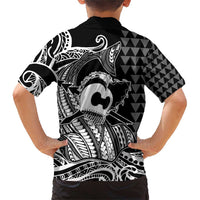 Koa Ikaika Warrior Helmet with Shark Family Matching Short Sleeve Bodycon Dress and Hawaiian Shirt Black Kakau Style