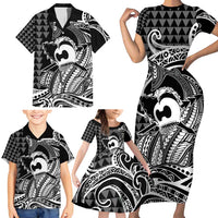 Koa Ikaika Warrior Helmet with Shark Family Matching Short Sleeve Bodycon Dress and Hawaiian Shirt Black Kakau Style