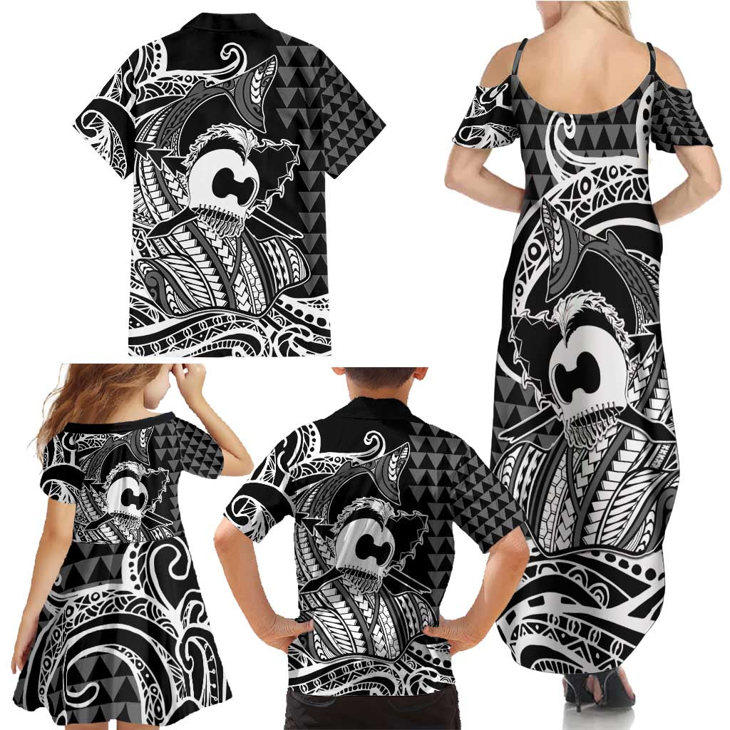 Koa Ikaika Warrior Helmet with Shark Family Matching Summer Maxi Dress and Hawaiian Shirt Black Kakau Style