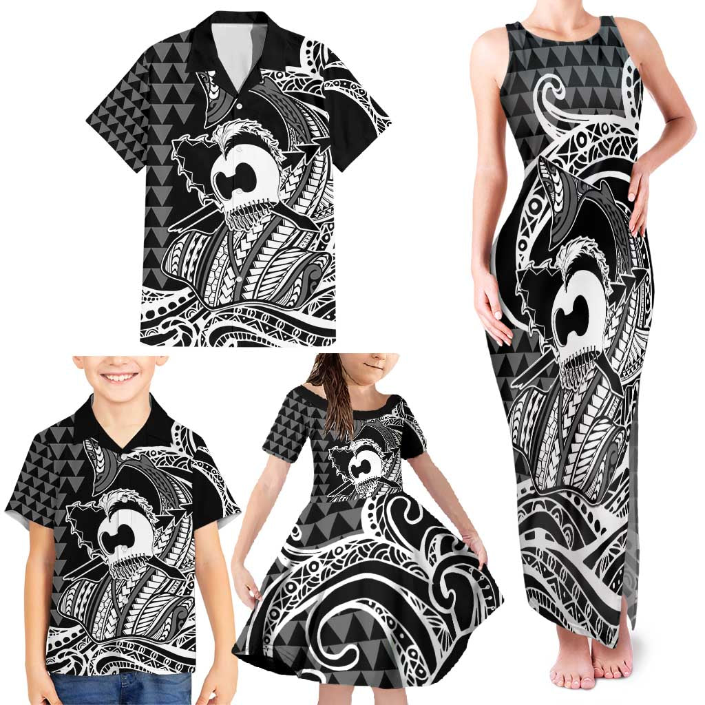 Koa Ikaika Warrior Helmet with Shark Family Matching Tank Maxi Dress and Hawaiian Shirt Black Kakau Style