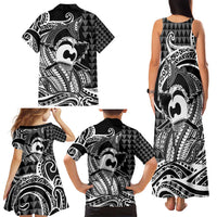 Koa Ikaika Warrior Helmet with Shark Family Matching Tank Maxi Dress and Hawaiian Shirt Black Kakau Style