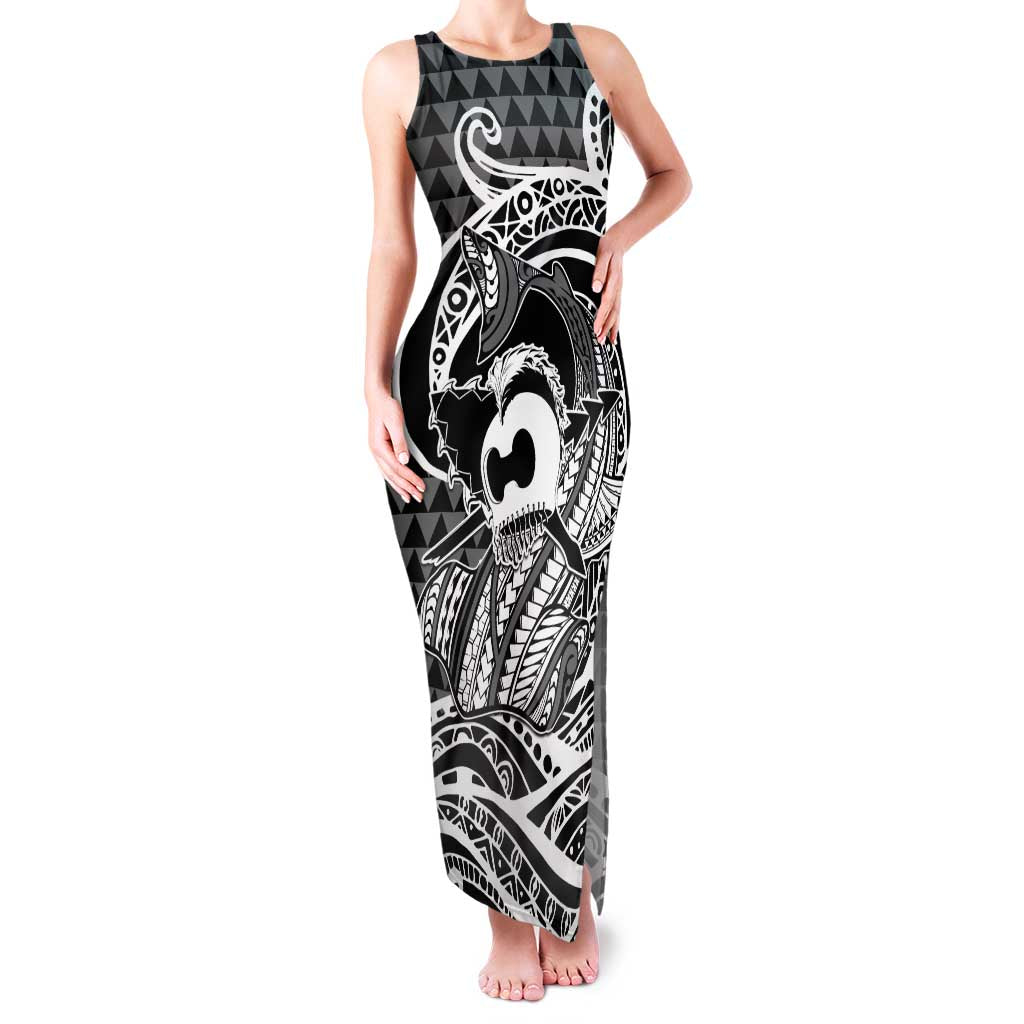 Koa Ikaika Warrior Helmet with Shark Family Matching Tank Maxi Dress and Hawaiian Shirt Black Kakau Style