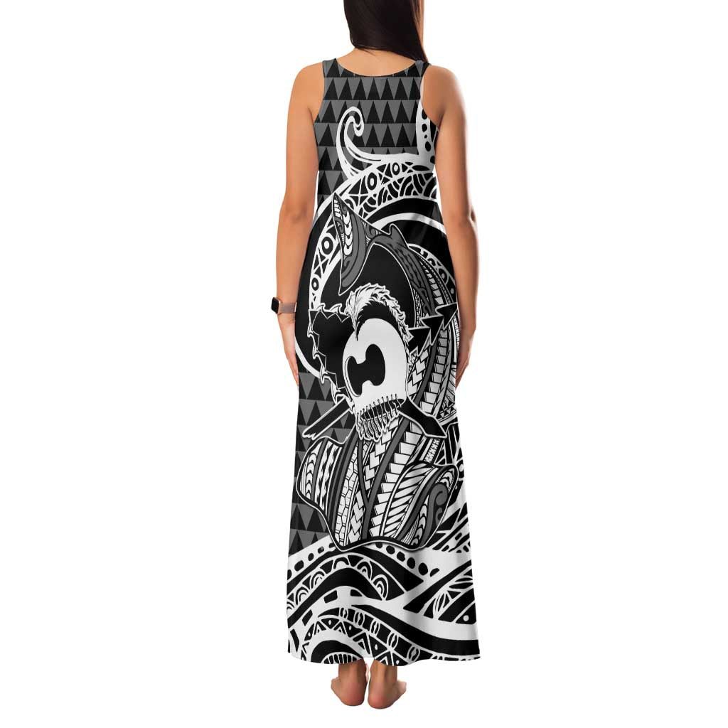 Koa Ikaika Warrior Helmet with Shark Family Matching Tank Maxi Dress and Hawaiian Shirt Black Kakau Style
