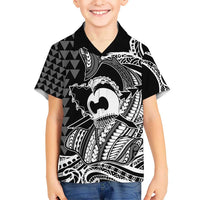 Koa Ikaika Warrior Helmet with Shark Hawaiian Shirt Black Kakau Style