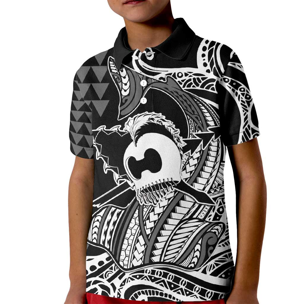 Koa Ikaika Warrior Helmet with Shark Kid Polo Shirt Black Kakau Style LT9 Kid Black - Polynesian Pride