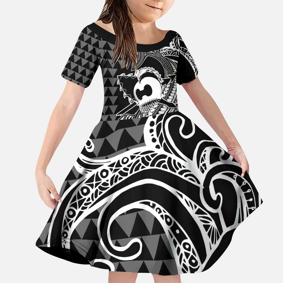 Koa Ikaika Warrior Helmet with Shark Kid Short Sleeve Dress Black Kakau Style LT9 KID Black - Polynesian Pride