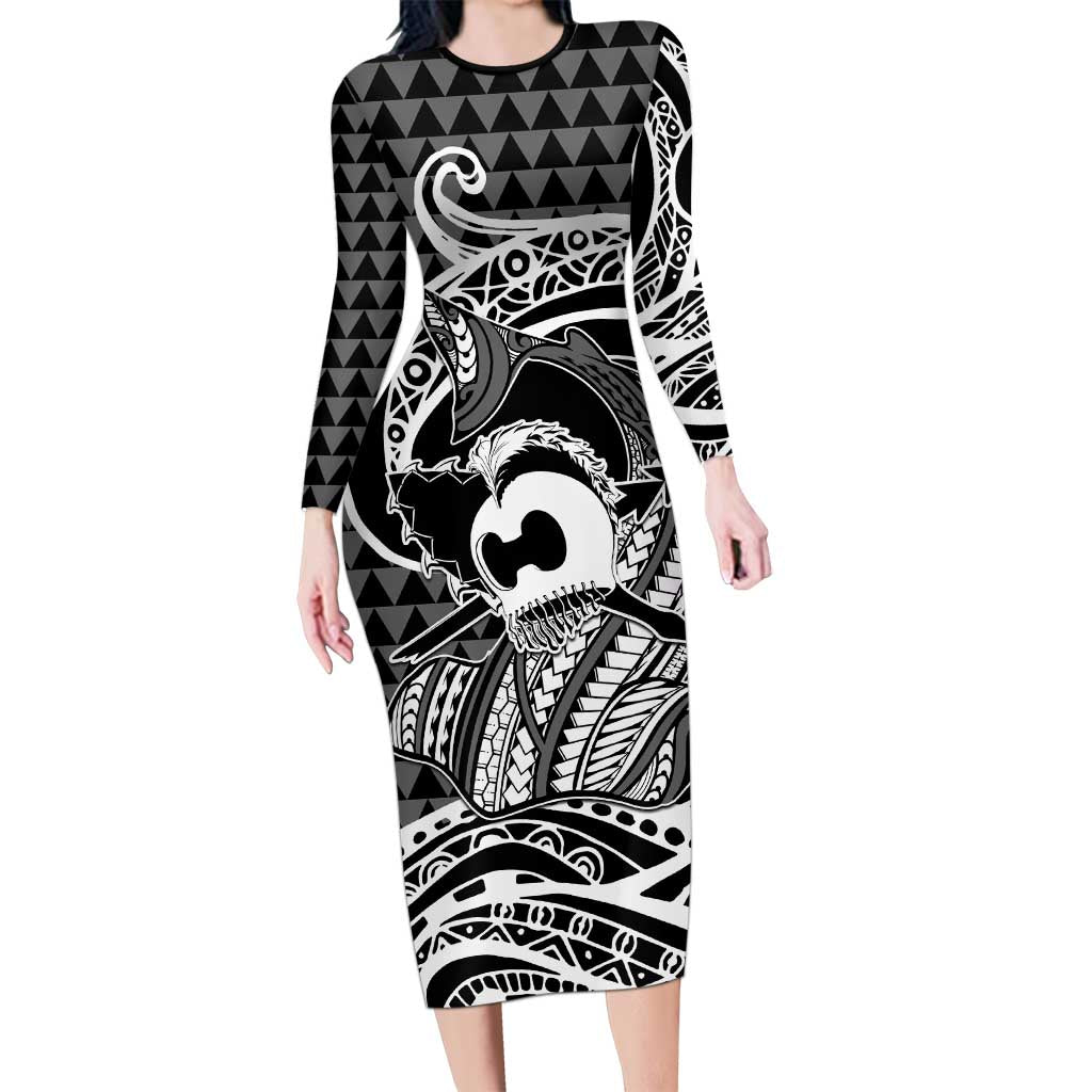 Koa Ikaika Warrior Helmet with Shark Long Sleeve Bodycon Dress Black Kakau Style