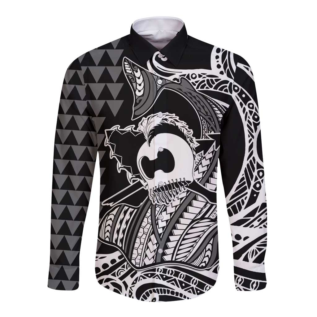 Koa Ikaika Warrior Helmet with Shark Long Sleeve Button Shirt Black Kakau Style LT9 Unisex Black - Polynesian Pride