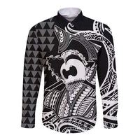 Koa Ikaika Warrior Helmet with Shark Long Sleeve Button Shirt Black Kakau Style LT9 Unisex Black - Polynesian Pride