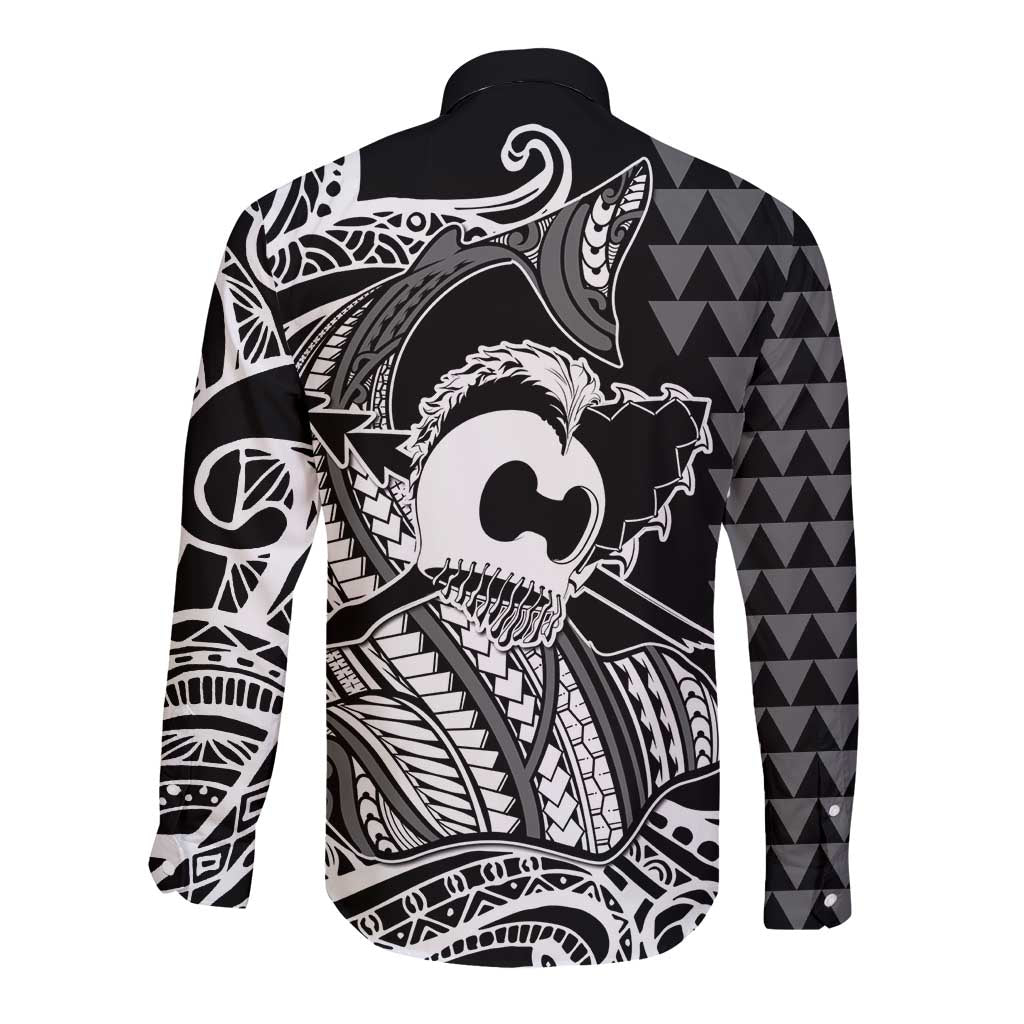 Koa Ikaika Warrior Helmet with Shark Long Sleeve Button Shirt Black Kakau Style LT9 - Polynesian Pride