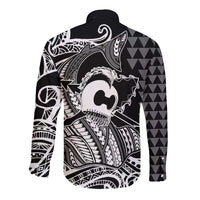 Koa Ikaika Warrior Helmet with Shark Long Sleeve Button Shirt Black Kakau Style LT9 - Polynesian Pride
