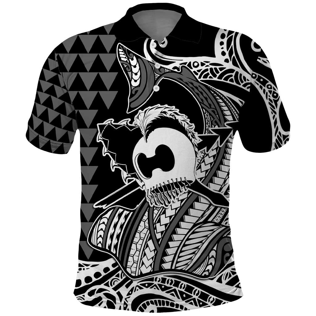 Koa Ikaika Warrior Helmet with Shark Polo Shirt Black Kakau Style