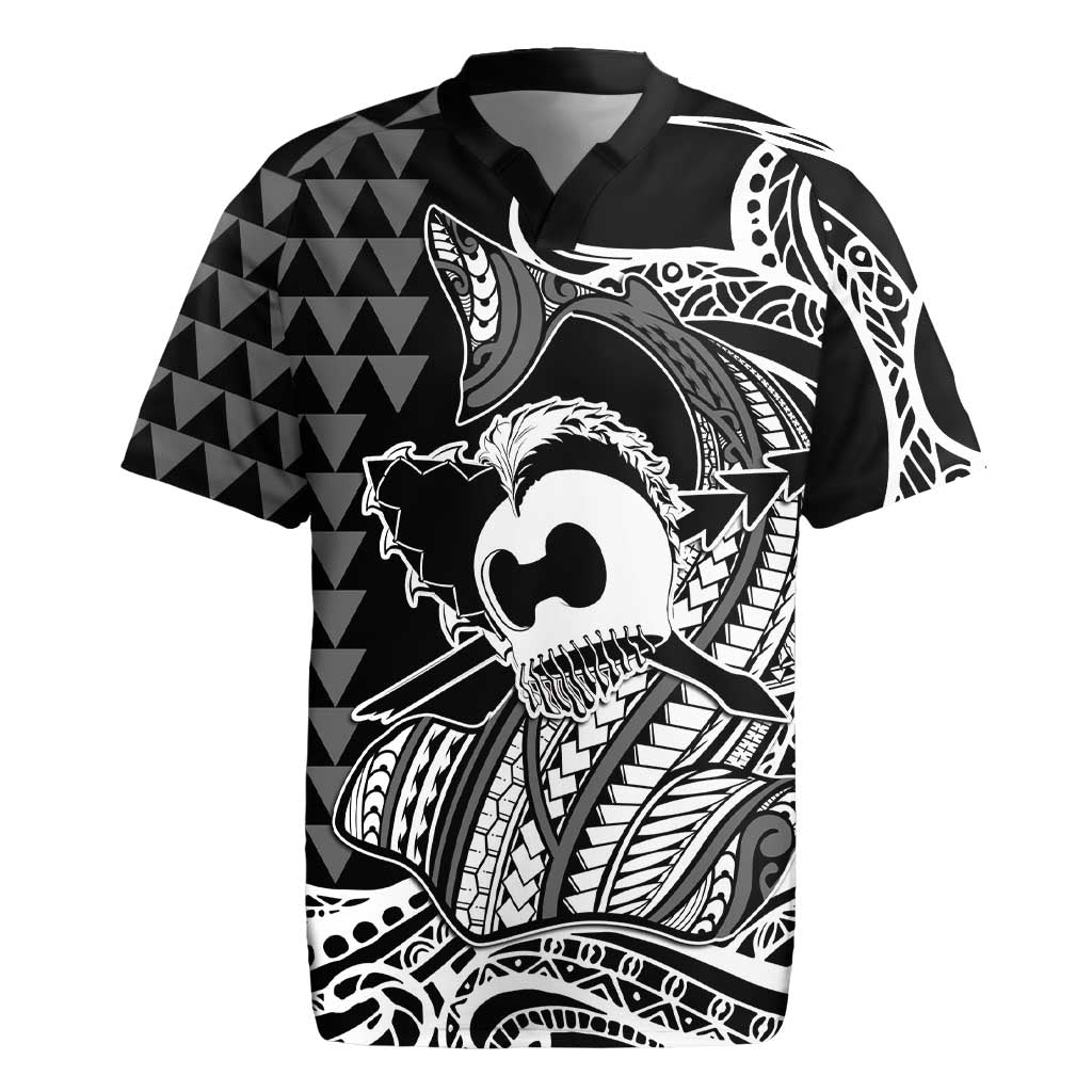 Koa Ikaika Warrior Helmet with Shark Rugby Jersey Black Kakau Style