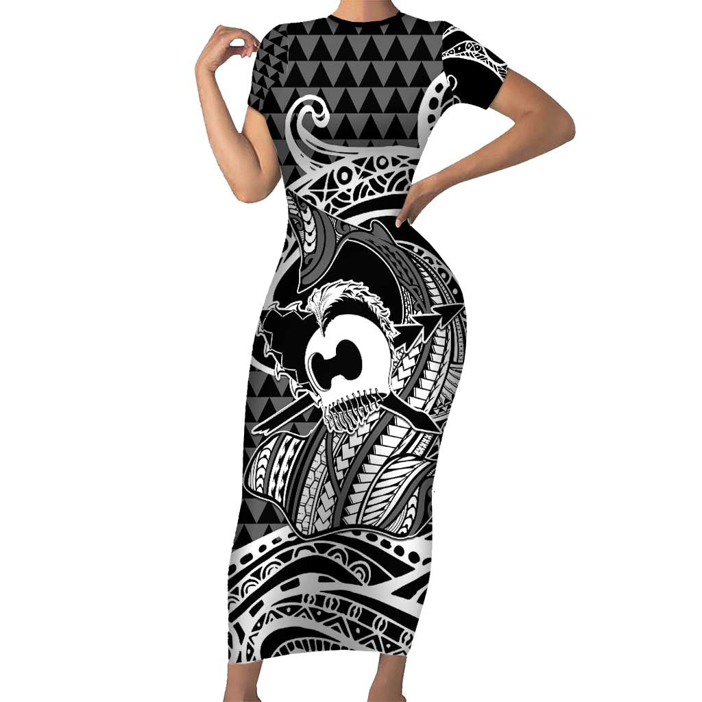 Koa Ikaika Warrior Helmet with Shark Short Sleeve Bodycon Dress Black Kakau Style