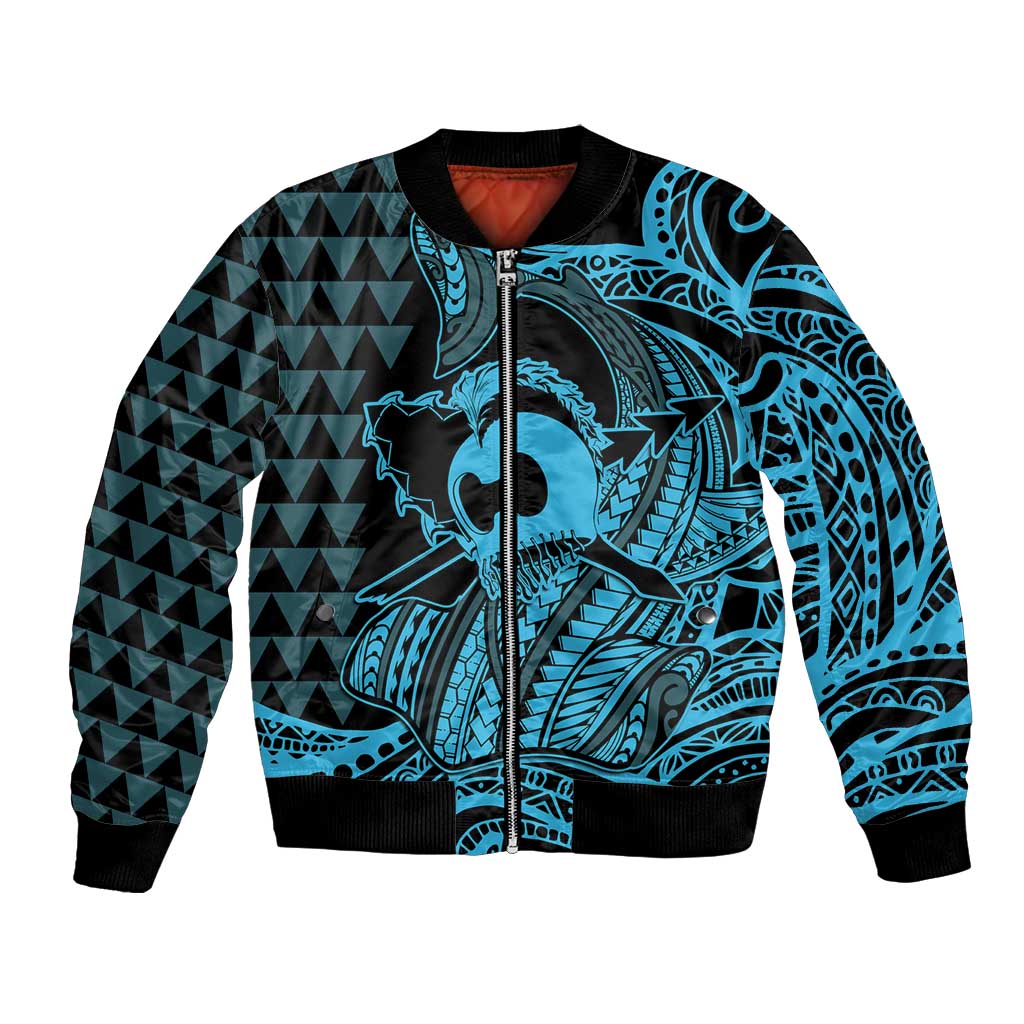 Koa Ikaika Warrior Helmet with Shark Bomber Jacket Blue Kakau Style