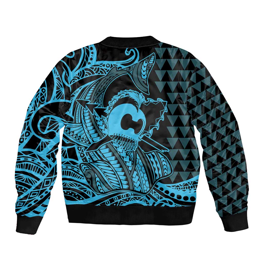 Koa Ikaika Warrior Helmet with Shark Bomber Jacket Blue Kakau Style