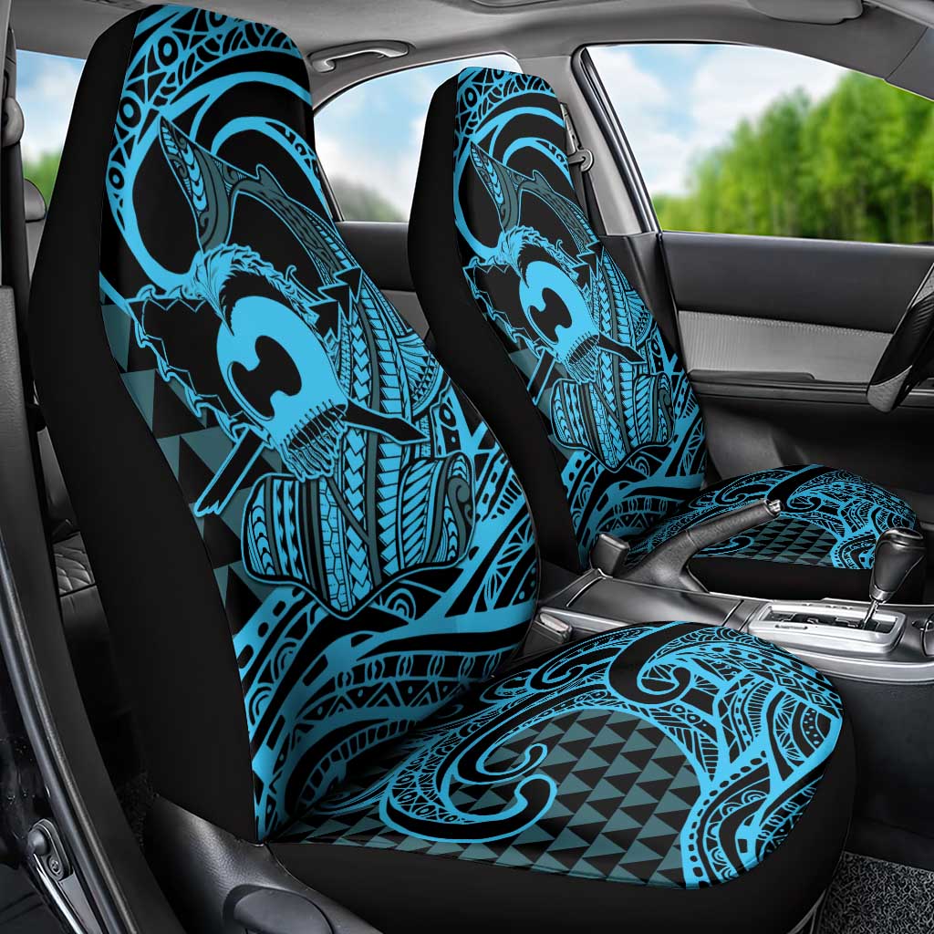 Koa Ikaika Warrior Helmet with Shark Car Seat Cover Blue Kakau Style