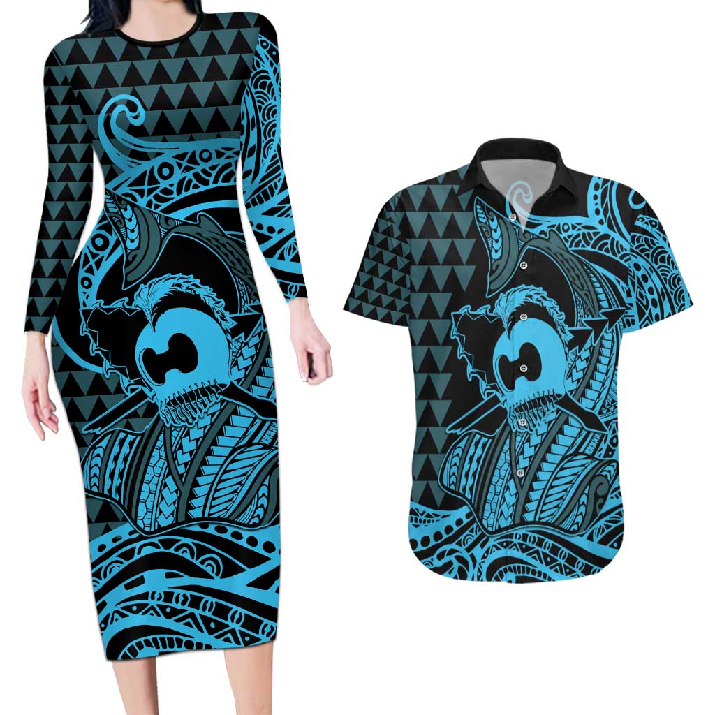 Koa Ikaika Warrior Helmet with Shark Couples Matching Long Sleeve Bodycon Dress and Hawaiian Shirt Blue Kakau Style