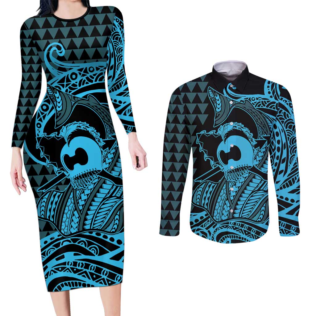 Koa Ikaika Warrior Helmet with Shark Couples Matching Long Sleeve Bodycon Dress and Long Sleeve Button Shirt Blue Kakau Style