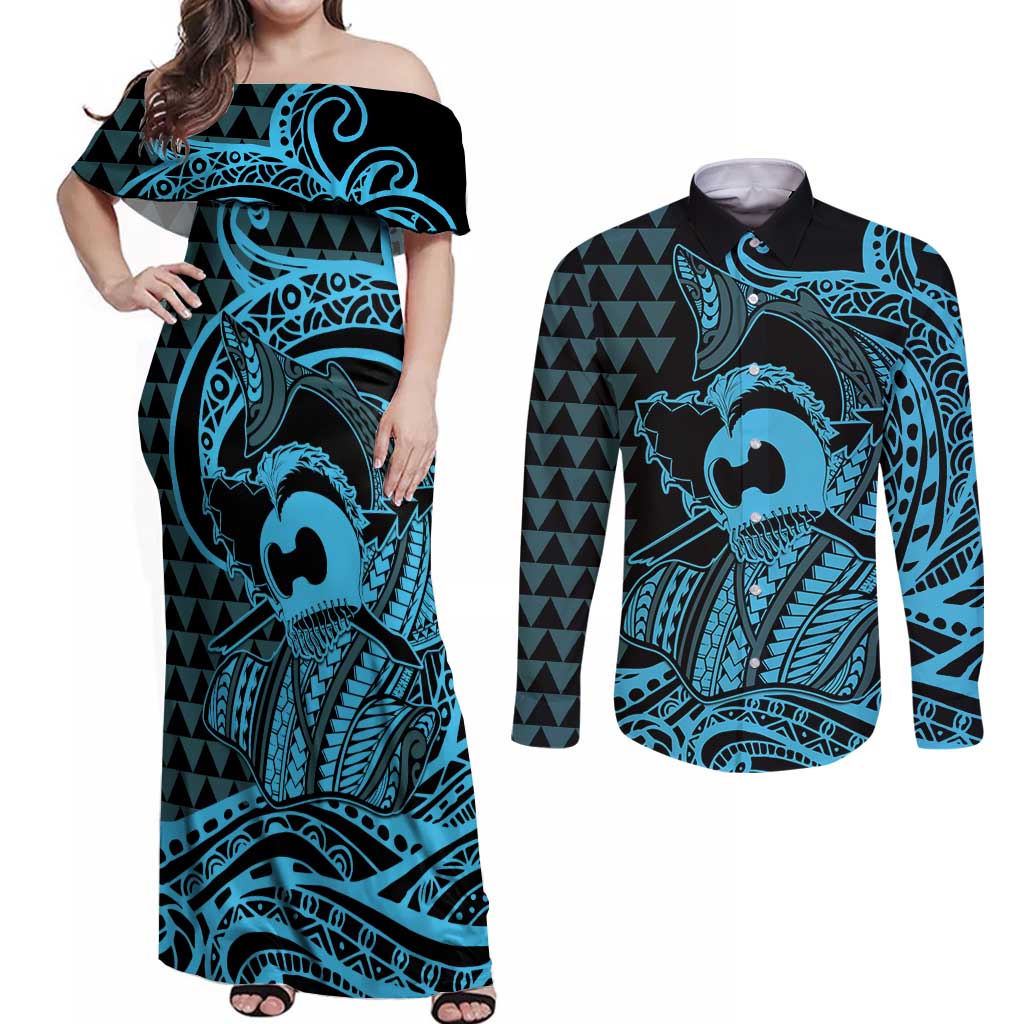 Koa Ikaika Warrior Helmet with Shark Couples Matching Off Shoulder Maxi Dress and Long Sleeve Button Shirt Blue Kakau Style