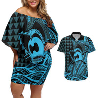 Koa Ikaika Warrior Helmet with Shark Couples Matching Off Shoulder Short Dress and Hawaiian Shirt Blue Kakau Style LT9 Blue - Polynesian Pride