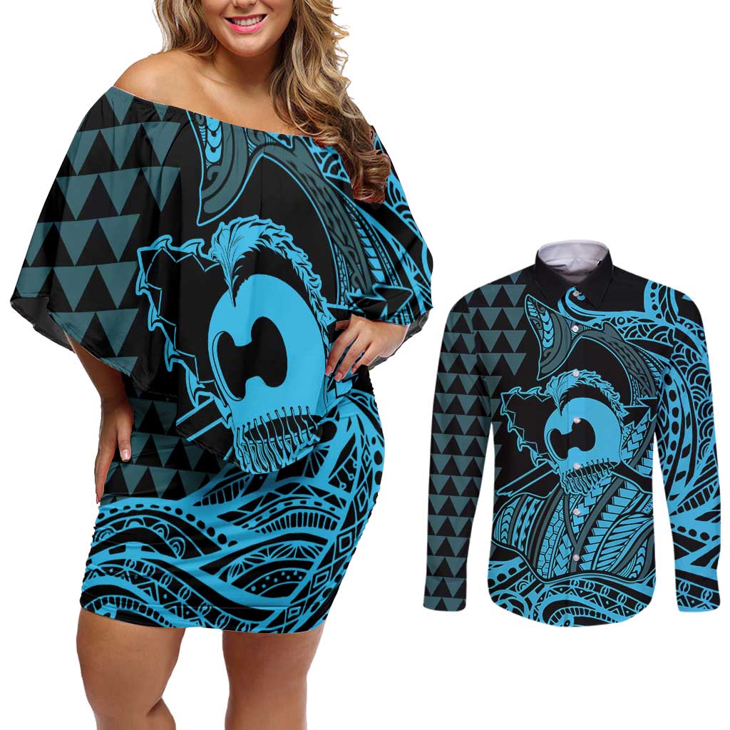 Koa Ikaika Warrior Helmet with Shark Couples Matching Off Shoulder Short Dress and Long Sleeve Button Shirt Blue Kakau Style