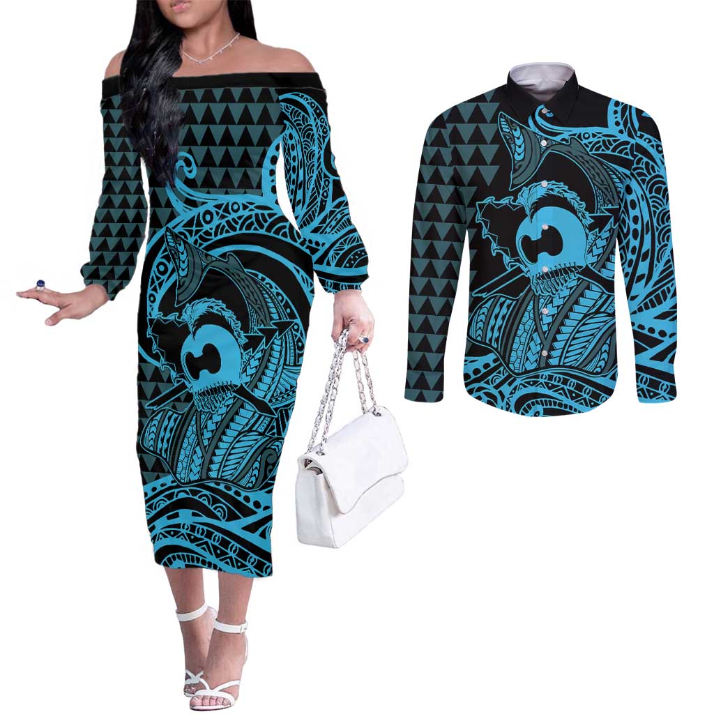 Koa Ikaika Warrior Helmet with Shark Couples Matching Off The Shoulder Long Sleeve Dress and Long Sleeve Button Shirt Blue Kakau Style