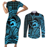Koa Ikaika Warrior Helmet with Shark Couples Matching Short Sleeve Bodycon Dress and Long Sleeve Button Shirt Blue Kakau Style