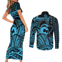 Koa Ikaika Warrior Helmet with Shark Couples Matching Short Sleeve Bodycon Dress and Long Sleeve Button Shirt Blue Kakau Style