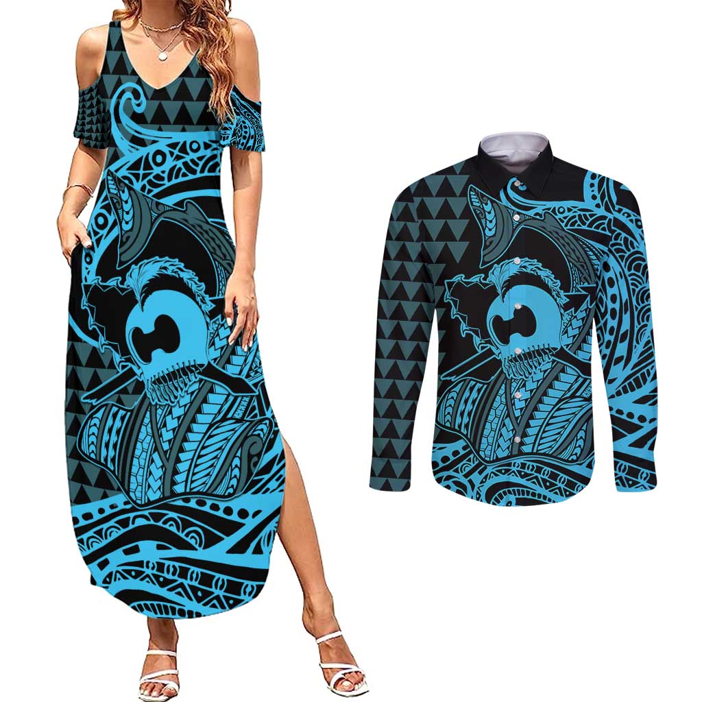 Koa Ikaika Warrior Helmet with Shark Couples Matching Summer Maxi Dress and Long Sleeve Button Shirt Blue Kakau Style