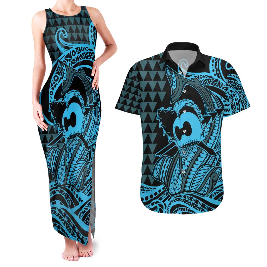 Koa Ikaika Warrior Helmet with Shark Couples Matching Tank Maxi Dress and Hawaiian Shirt Blue Kakau Style