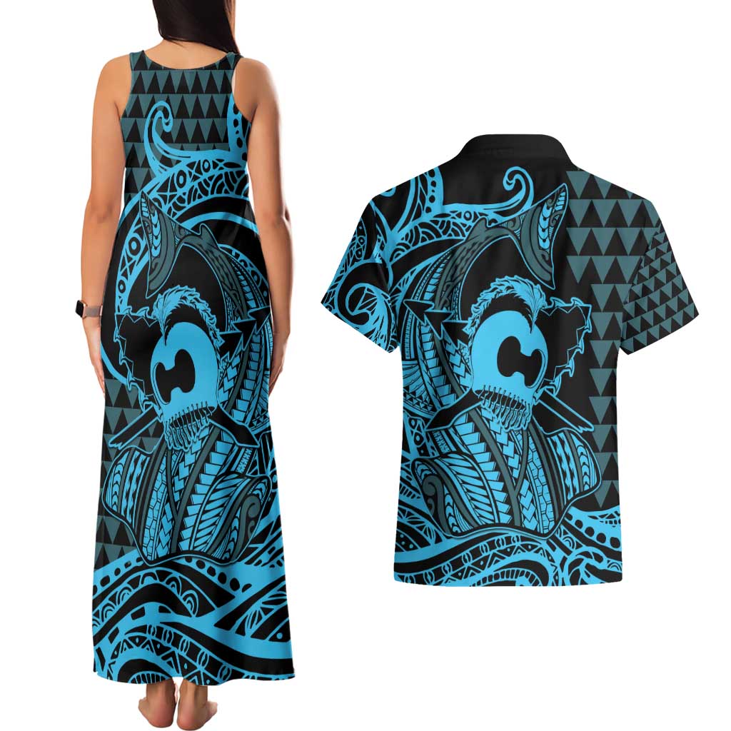 Koa Ikaika Warrior Helmet with Shark Couples Matching Tank Maxi Dress and Hawaiian Shirt Blue Kakau Style LT9 - Polynesian Pride