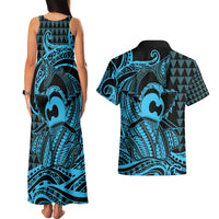 Koa Ikaika Warrior Helmet with Shark Couples Matching Tank Maxi Dress and Hawaiian Shirt Blue Kakau Style LT9 - Polynesian Pride