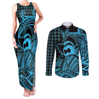 Koa Ikaika Warrior Helmet with Shark Couples Matching Tank Maxi Dress and Long Sleeve Button Shirt Blue Kakau Style