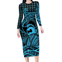Koa Ikaika Warrior Helmet with Shark Family Matching Long Sleeve Bodycon Dress and Hawaiian Shirt Blue Kakau Style