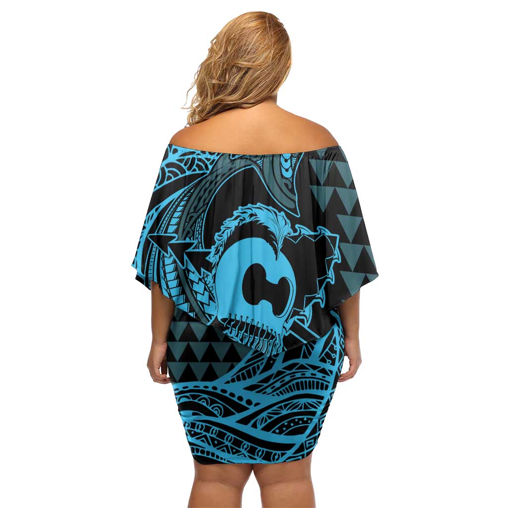 Koa Ikaika Warrior Helmet with Shark Family Matching Off Shoulder Short Dress and Hawaiian Shirt Blue Kakau Style