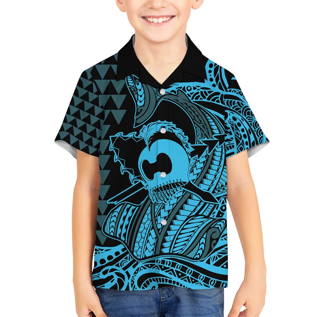 Koa Ikaika Warrior Helmet with Shark Family Matching Off Shoulder Short Dress and Hawaiian Shirt Blue Kakau Style