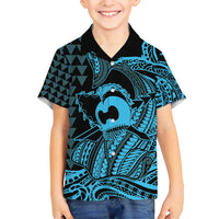 Koa Ikaika Warrior Helmet with Shark Family Matching Off Shoulder Short Dress and Hawaiian Shirt Blue Kakau Style