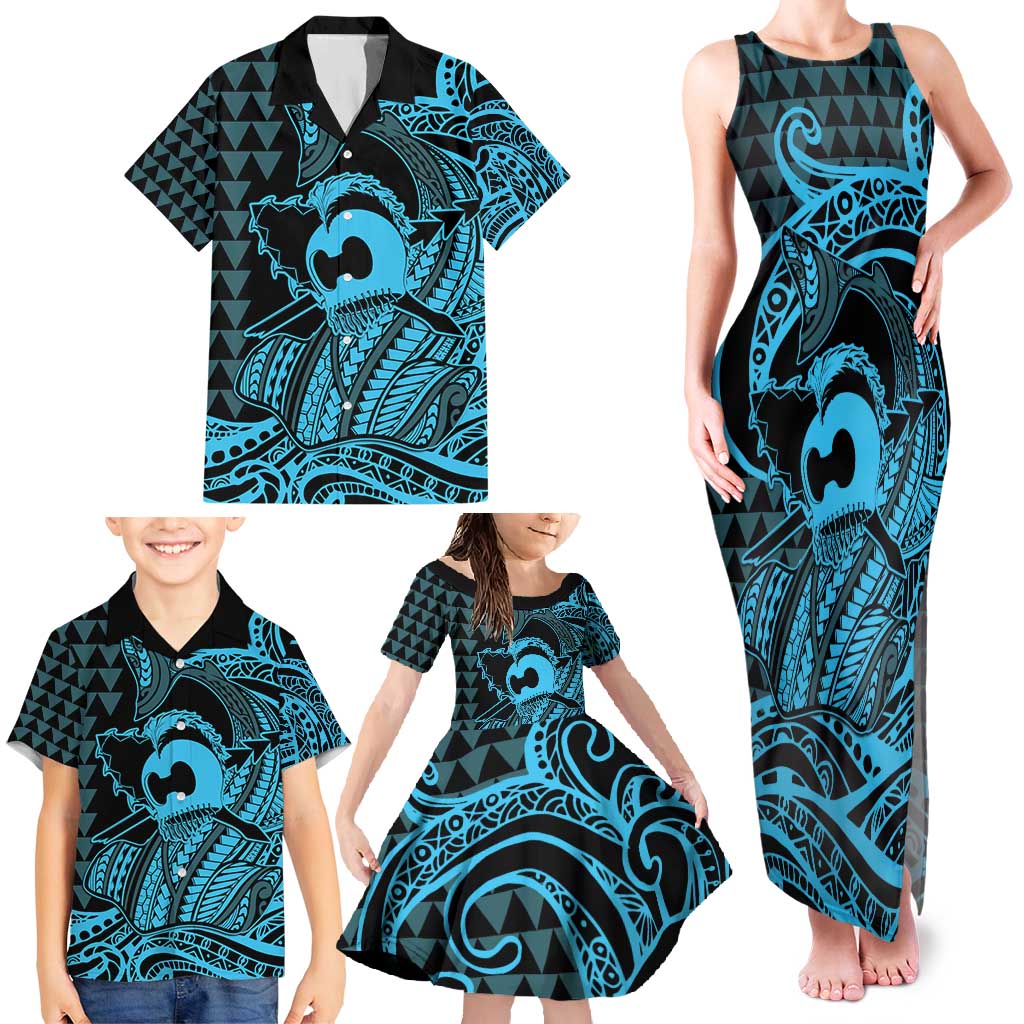 Koa Ikaika Warrior Helmet with Shark Family Matching Tank Maxi Dress and Hawaiian Shirt Blue Kakau Style