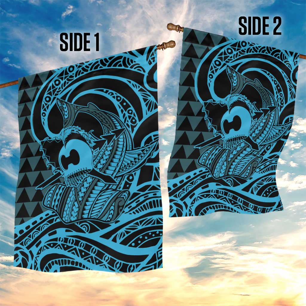 Koa Ikaika Warrior Helmet with Shark Garden Flag Blue Kakau Style