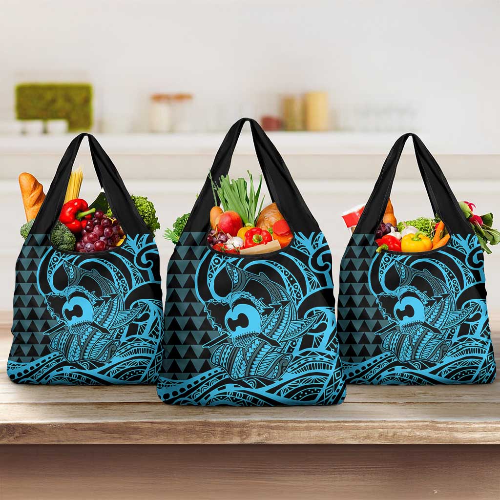 Koa Ikaika Warrior Helmet with Shark Grocery Bag Blue Kakau Style